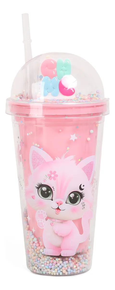 Vaso Acrílico 450ml Con Sorbete Chimola Personajes Color Gatito