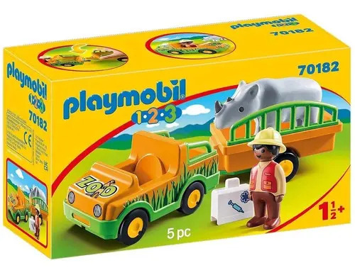 Playmobil 1.2.3 Auto Rescate Del Zoo Rinoceronte Original